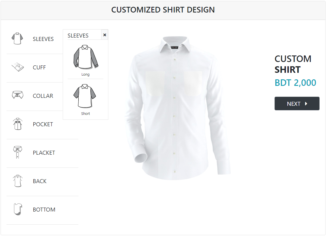 MI custom shirt design sleeve selection panel