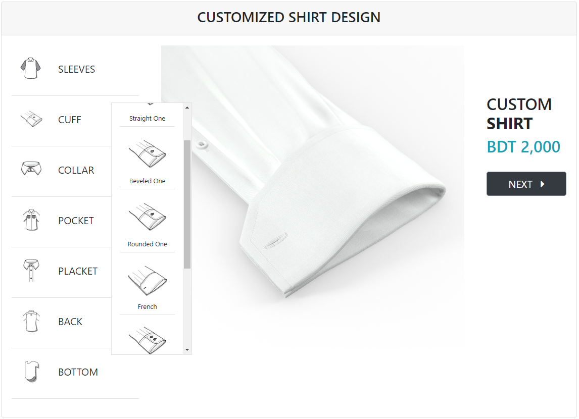 MI custom shirt design cuff selection panel