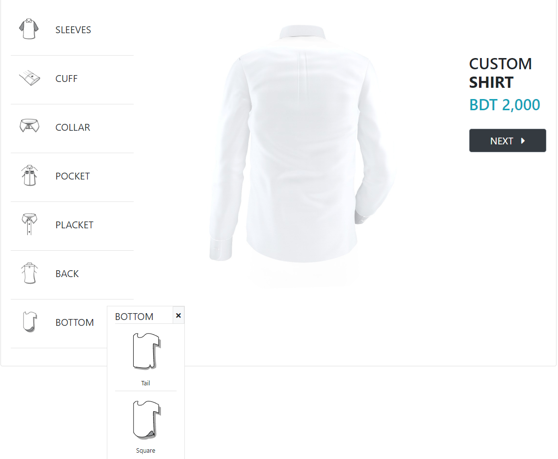MI custom shirt design bottom selection panel